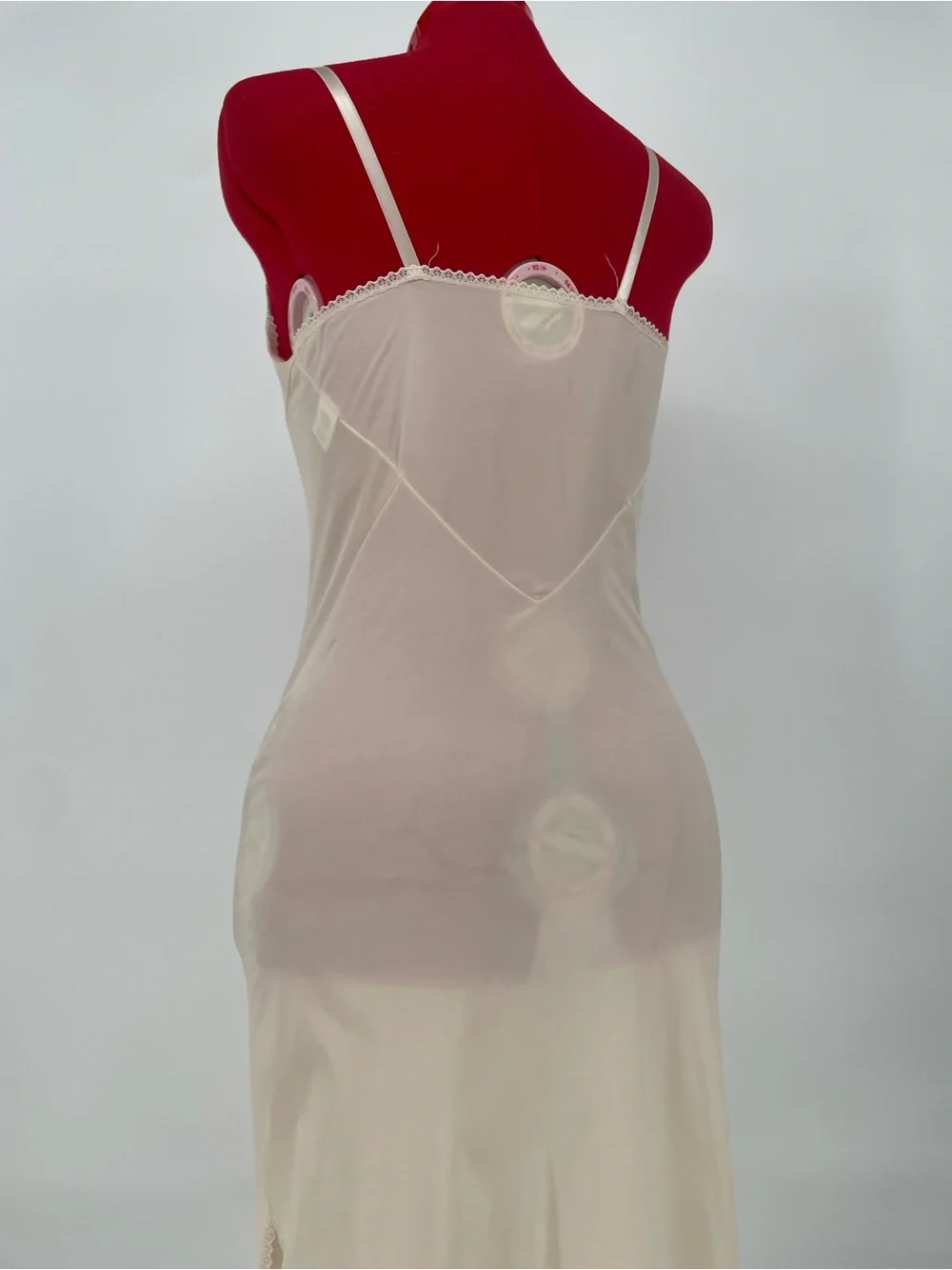 Vintage Cream Nude 100% Nylon Midi Length Full Slip Dress W/ Waist Panels - Picture 7 of 12